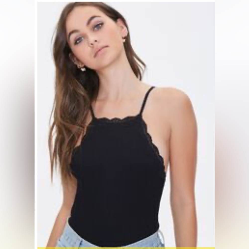 Forever 21 Scalloped Floral Lace-Trim Ribbed Bodysuit